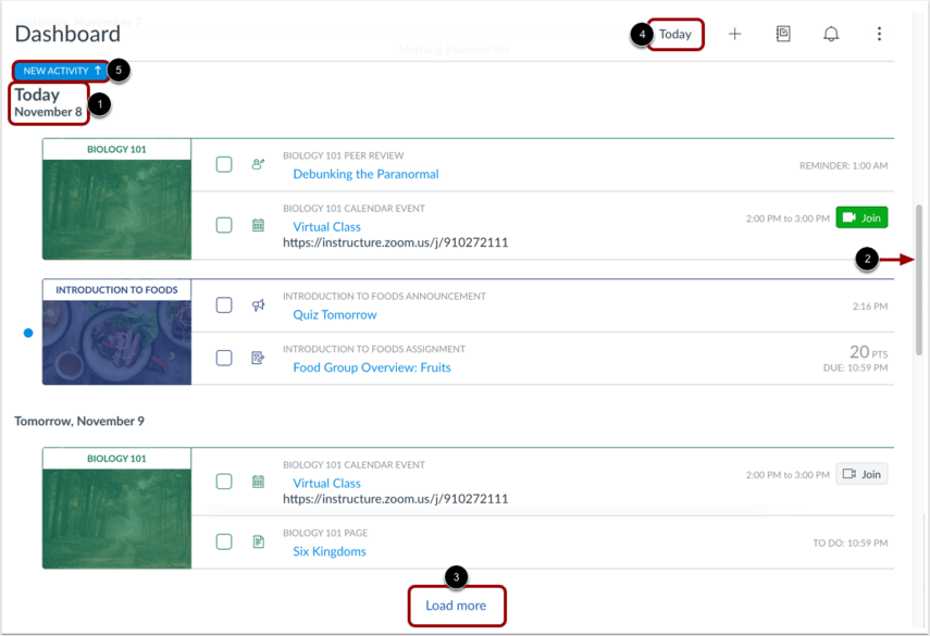Canvas List View Dashboard showing dated course work and a Load more control