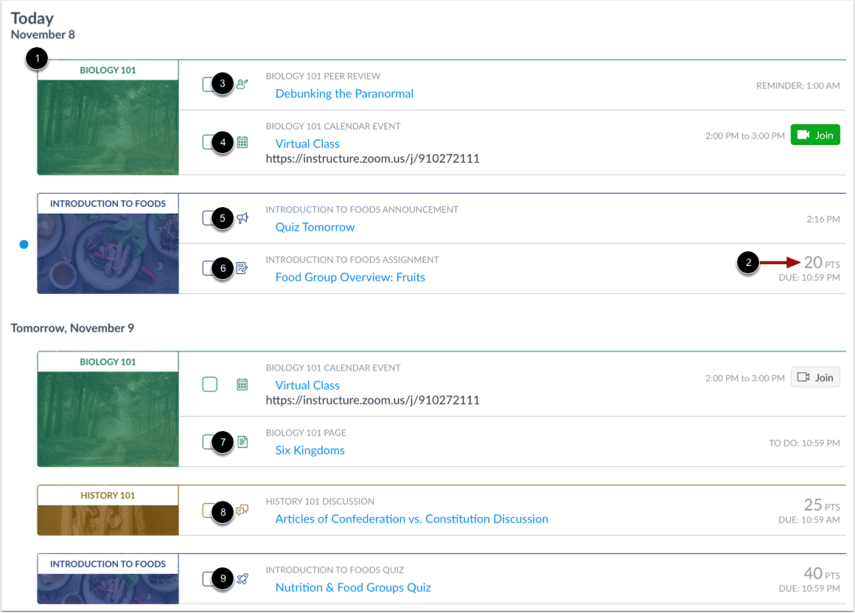 Canvas List View showing assignment, quiz, discussion, and calendar item details