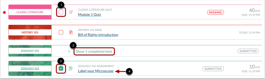 Canvas List View controls for showing completed items and marking a task complete