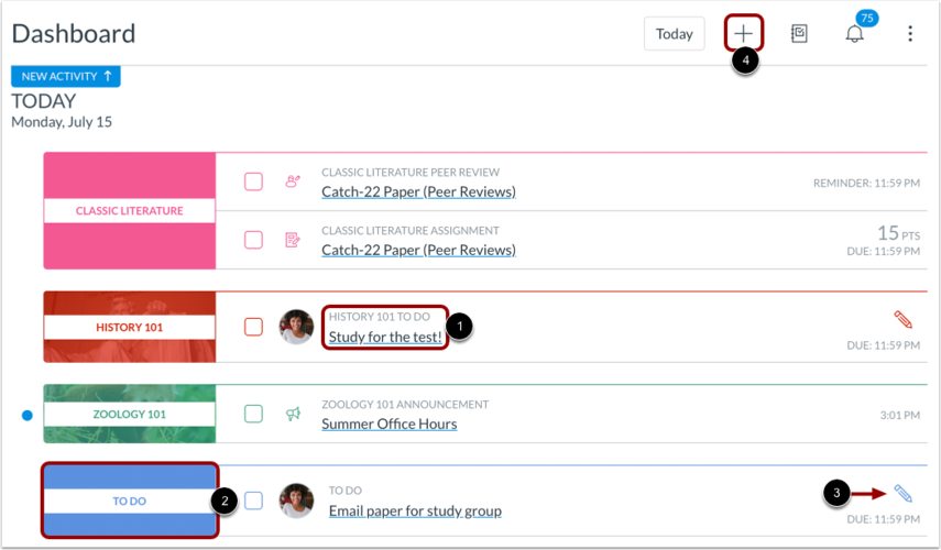 Canvas List View showing the add personal To-Do control and a personal study task