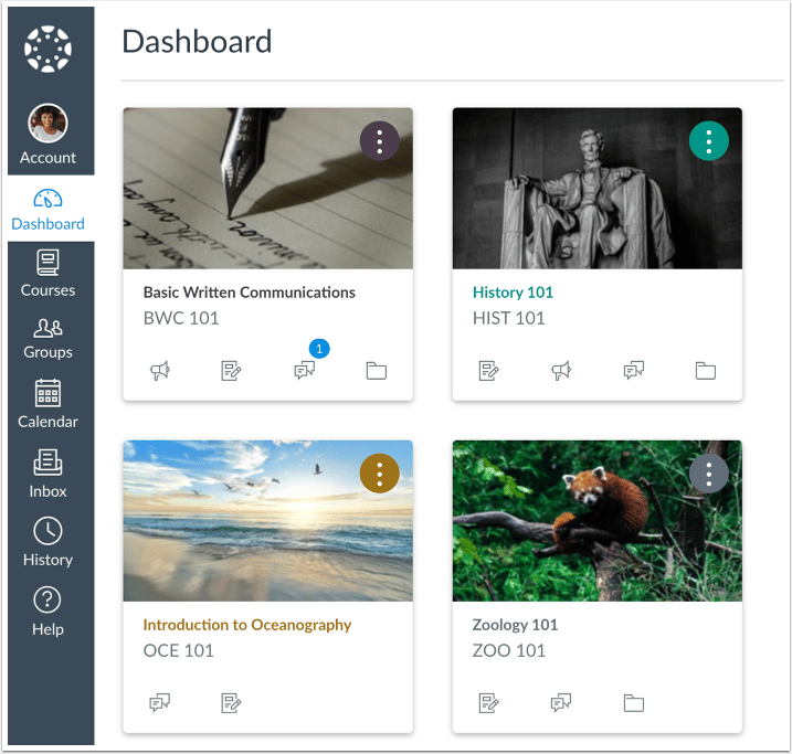 Canvas Card View Dashboard showing course cards, the global navigation, and the To-Do sidebar