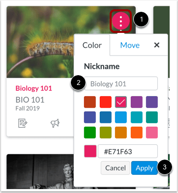 Canvas course-card options dialog with the Nickname field