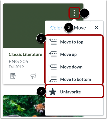 Canvas course-card options menu showing controls for moving a course card