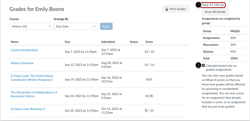 Canvas Grades page showing the option to calculate only from graded assignments