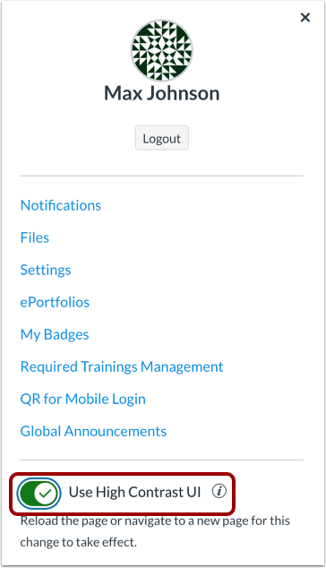 Canvas Account menu showing the High Contrast UI toggle