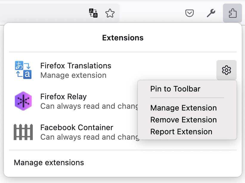 Firefox extensions panel showing installed extensions and their controls