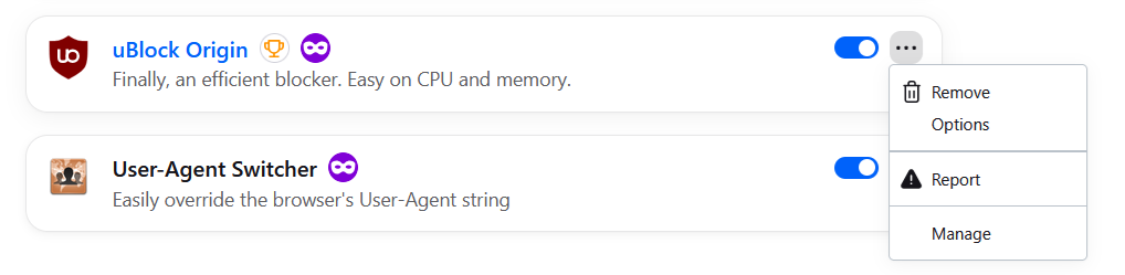 Firefox extension menu showing management and removal commands