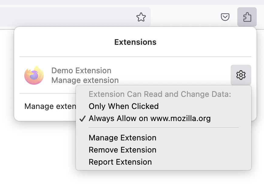Firefox extension settings showing site permissions and data-access controls