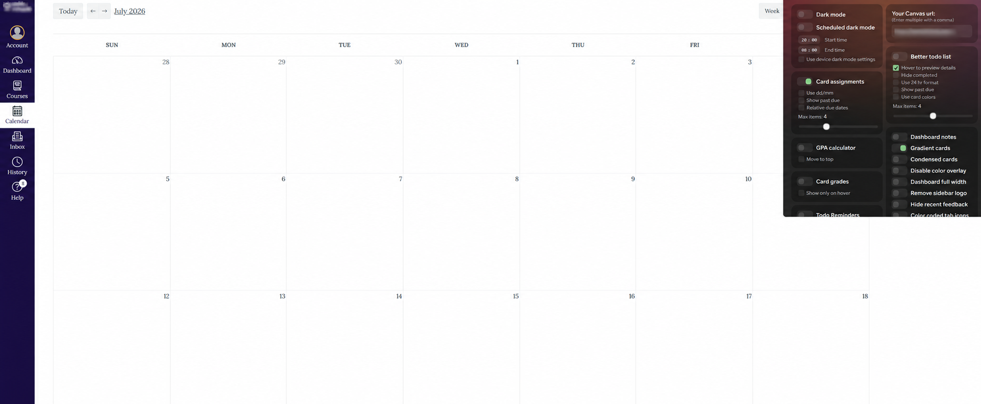 Canvas Calendar in its default appearance before a Better Canvas theme is applied