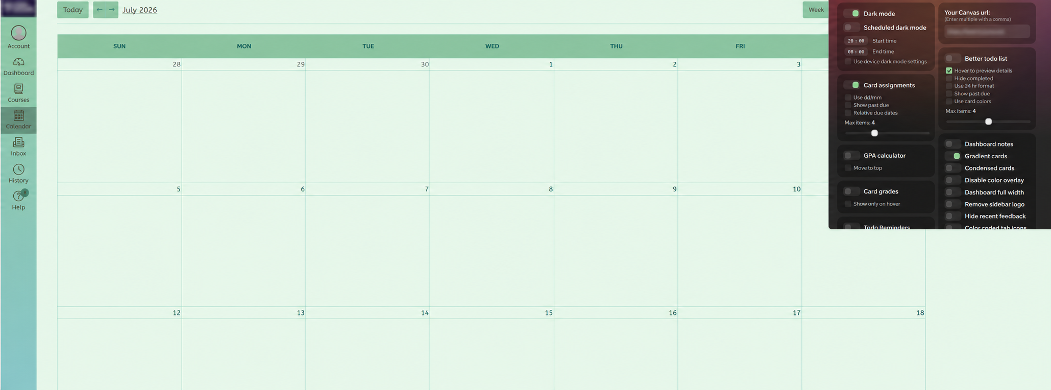 The same Canvas Calendar after a mint-colored Better Canvas theme is applied