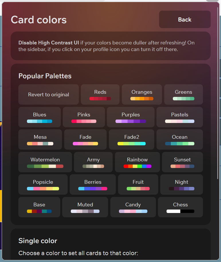 Better Canvas card color settings showing preset palettes and a single-color option
