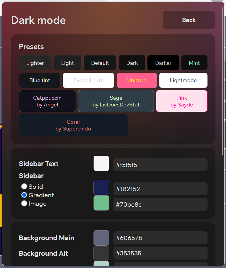 Better Canvas dark mode settings panel showing preset themes and custom color controls