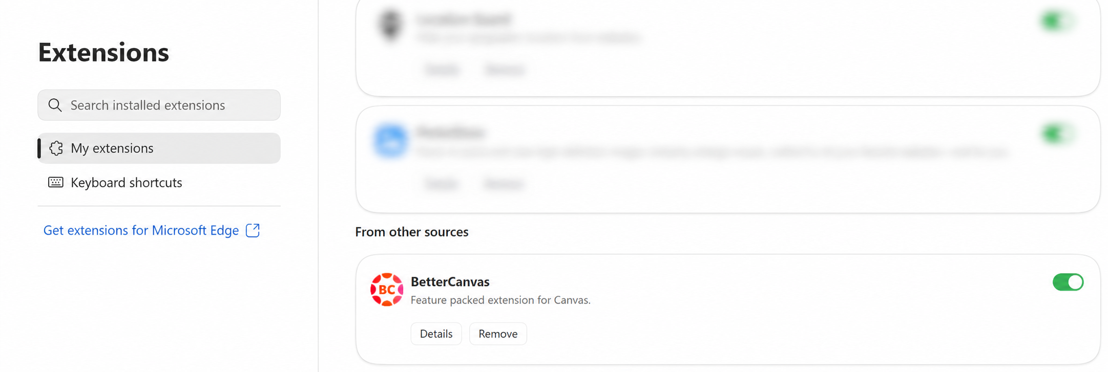 Microsoft Edge Extensions page showing BetterCanvas enabled while unrelated extensions are blurred