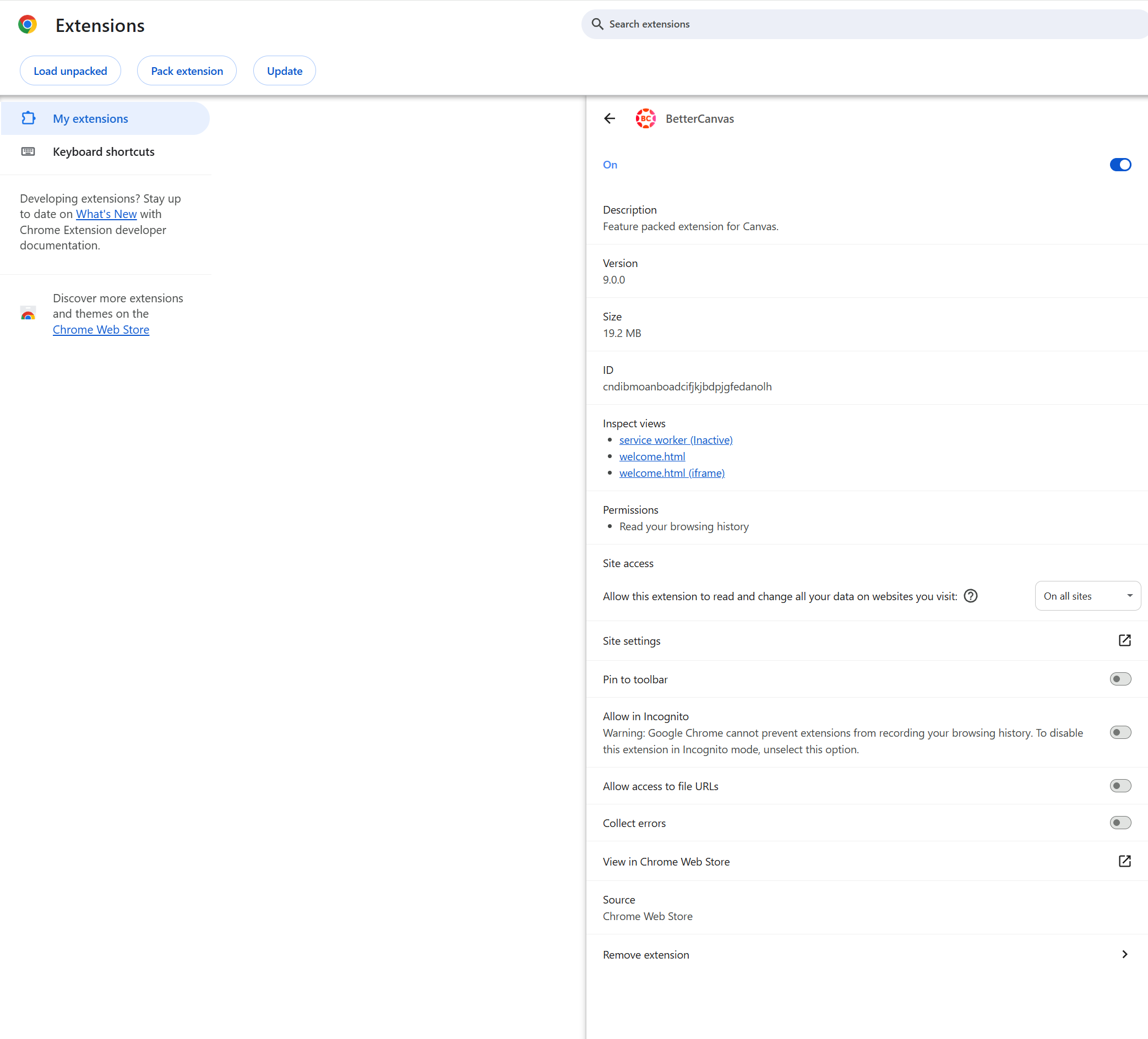 Chrome extension details page showing BetterCanvas enabled with its version, permissions, and site access controls